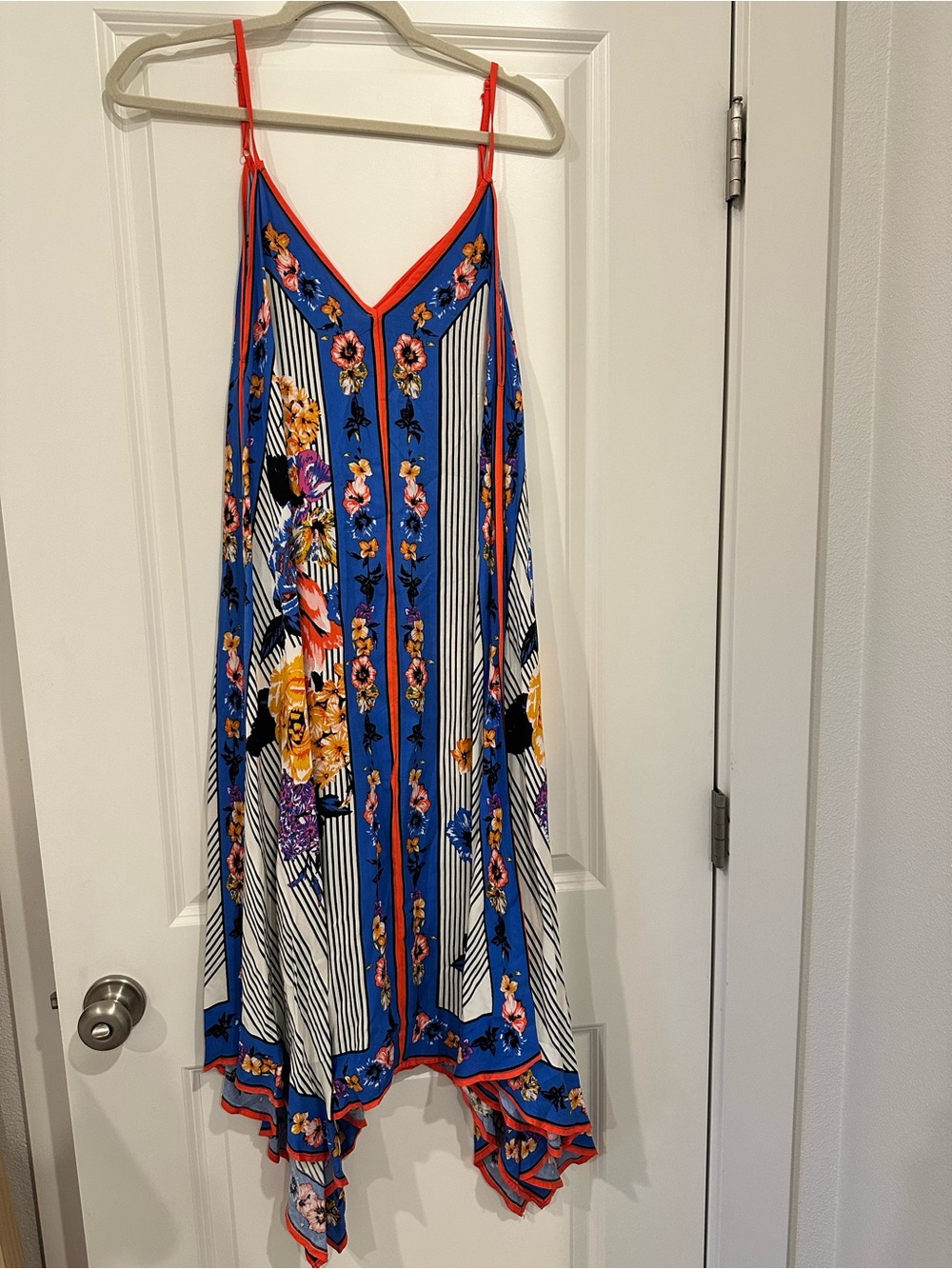 Flying Tomato Blue Floral Stripe Asymmetrical Slip Dress with Orange Trim